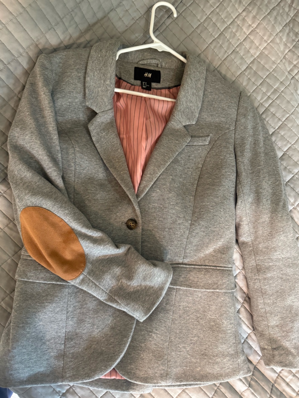 H&M Gray Blazer with Tan Elbow Patches and Pink Lining